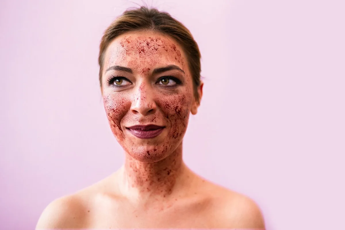 Woman with splotchy blood on her facec after getting a vampire facial