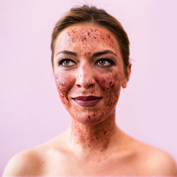 Woman with splotchy blood on her facec after getting a vampire facial
