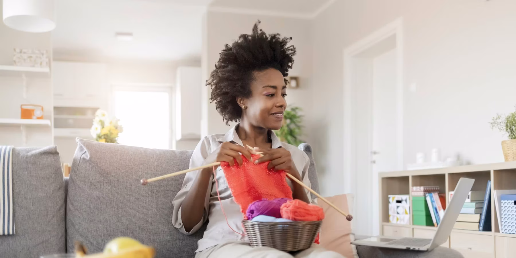 young Woman Knitting with Yarn and Needles Learn How to Knit