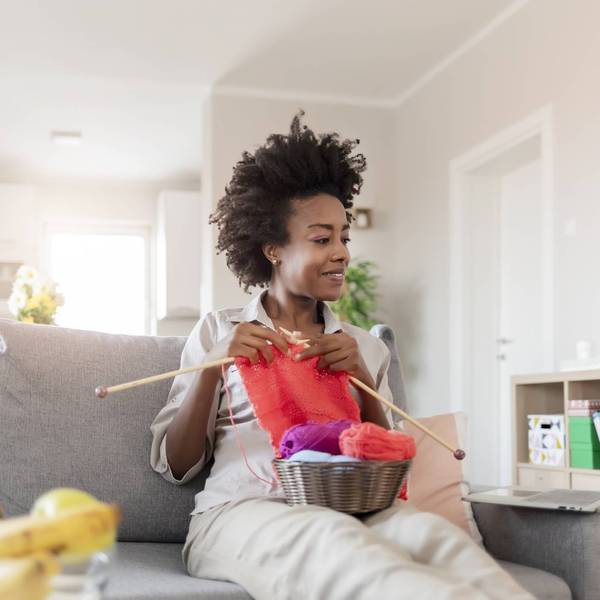 young Woman Knitting with Yarn and Needles Learn How to Knit